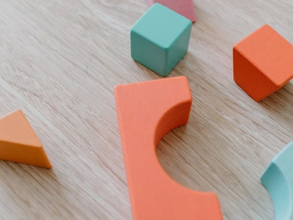 Colorful building blocks arranged in an imaginative shape.